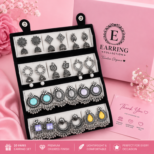 12 Pairs Oxidized Earring Set with Storage Box for Women | Trendy Traditional Earrings Combo Collection